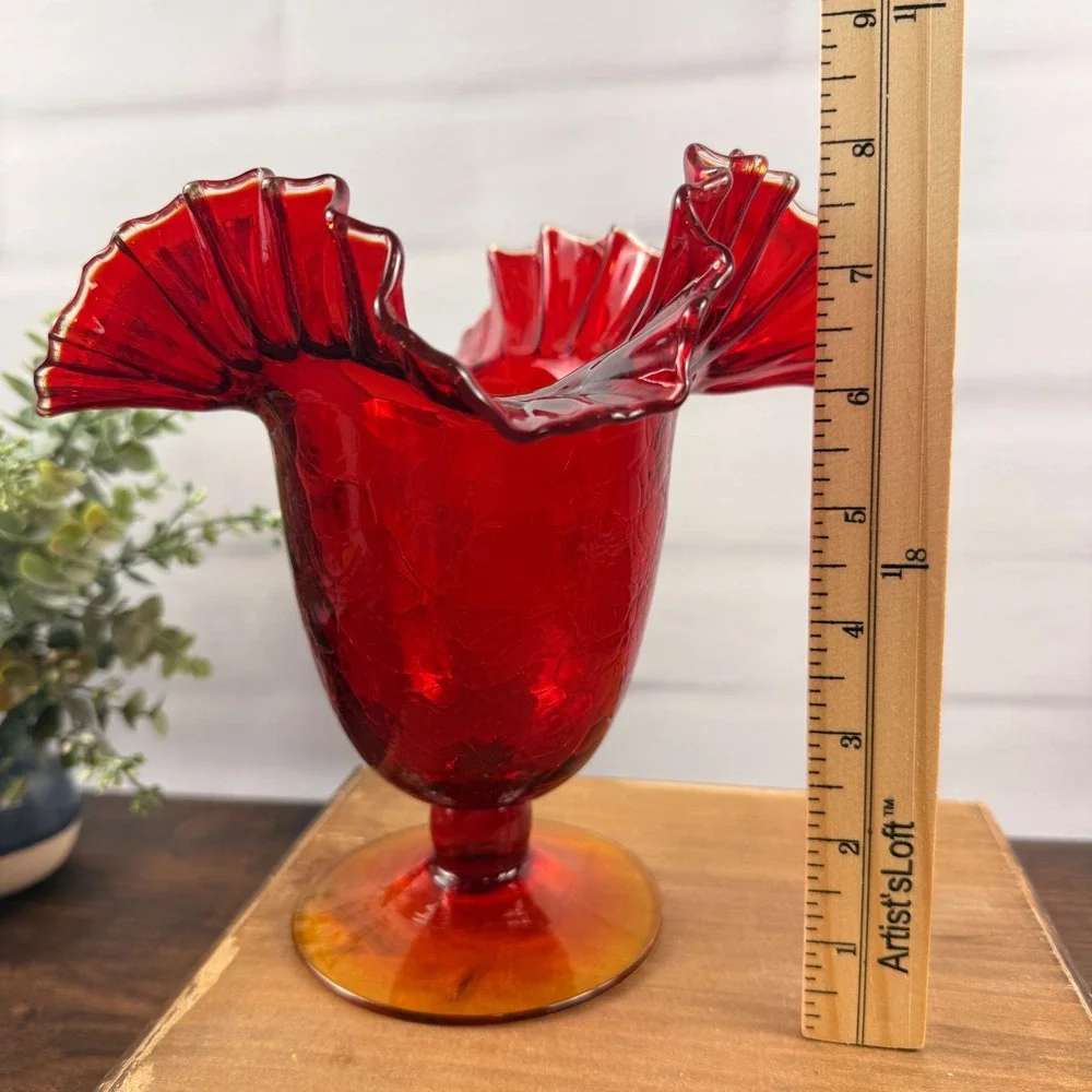 Blenko 388 Tangerine Crackle Glass Ruffled Vase Mid Century